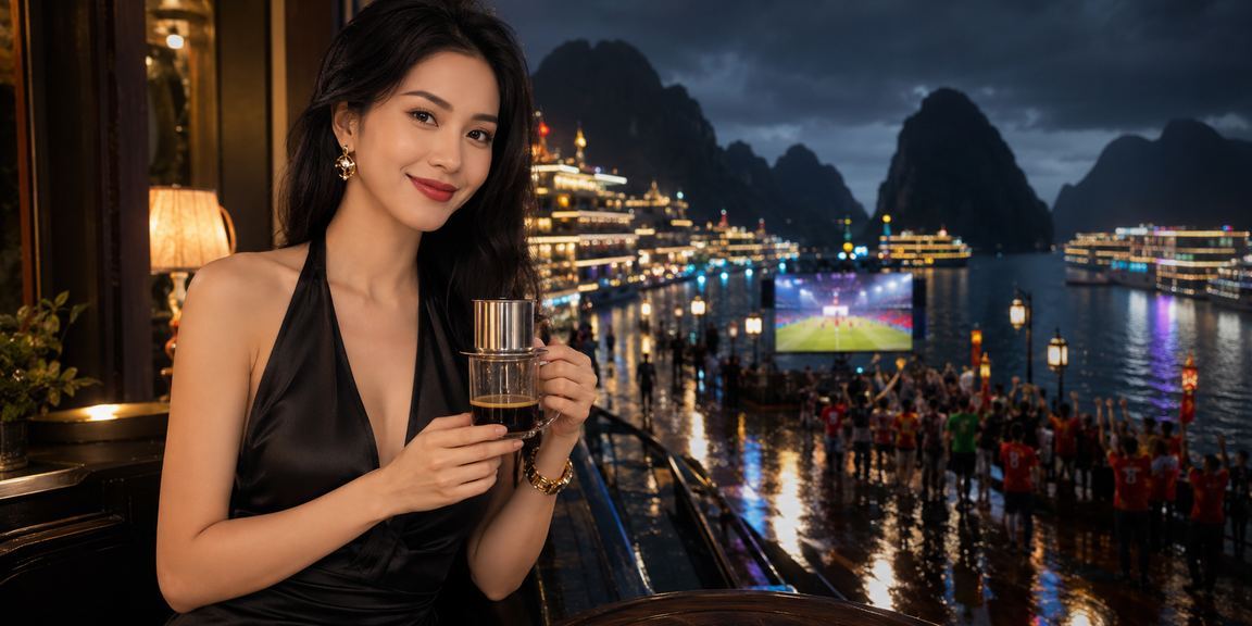 Người dùng theo dõi kèo cá cược khi thưởng thức cà phê với view vịnh Hạ Long