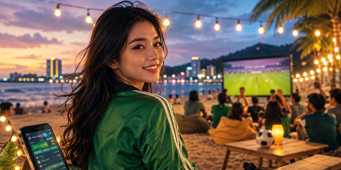 Nhóm người hâm mộ bóng đá Sài Gòn xem trận đấu trực tiếp tại bãi biển